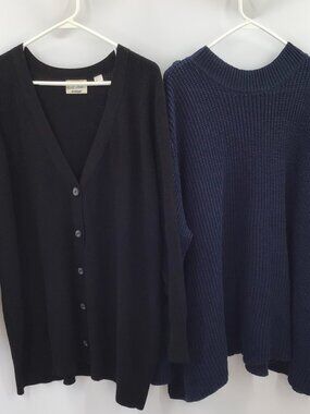 2 VTG 26/28 Tunic Length Sweaters Black Cardigan Navy Blue Long Sleeve Chunky